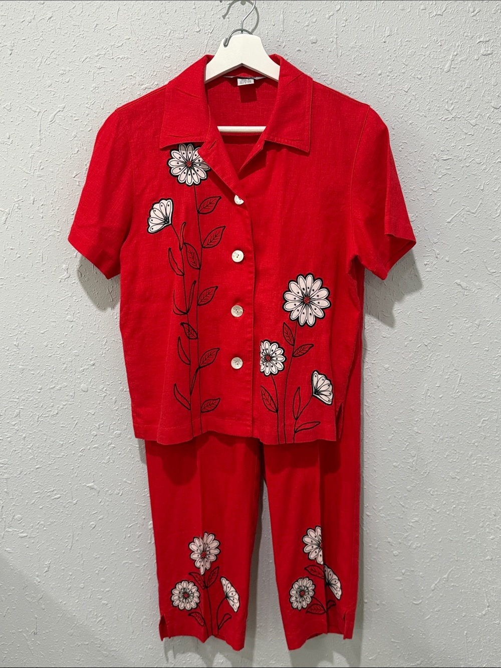 Vintage‎ Red Floral 2 Piece Shirt Capris Pants Set Size SP Cottagecore